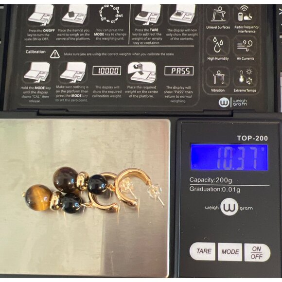 Vintage Gold Tone Tigers Eye Black Onyx Beaded Hoop Earrings Huggies Estate 1.5" - Picture 4 of 4